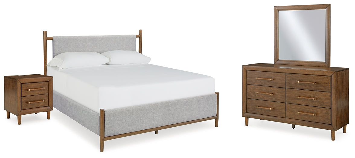 Lyncott California  Upholstered Bed With Mirrored Dresser And Nightstand