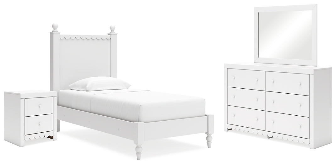 Mollviney  Panel Bed With Mirrored Dresser And Nightstand