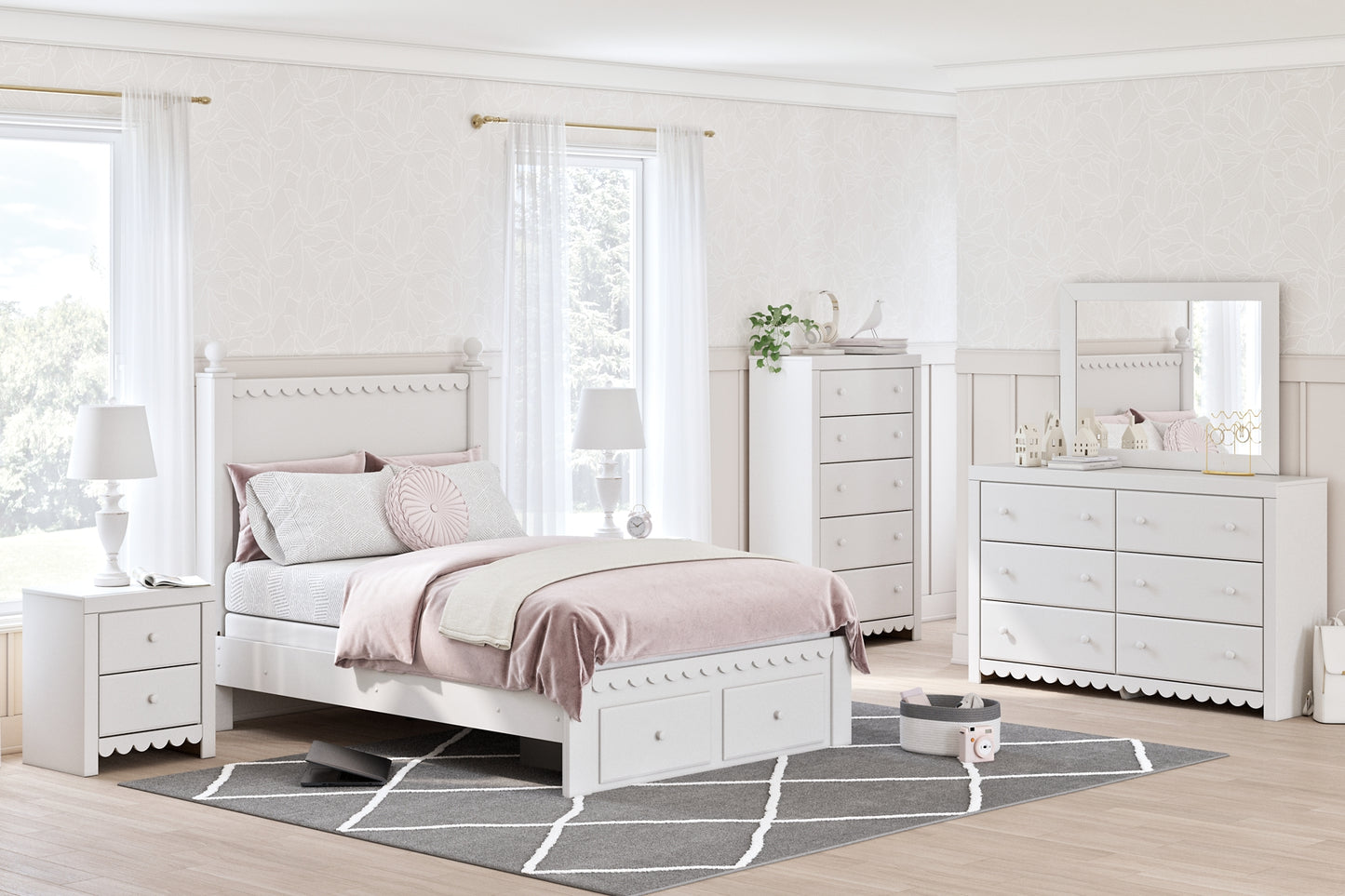 Mollviney  Panel Storage Bed With Mirrored Dresser, Chest And 2 Nightstands