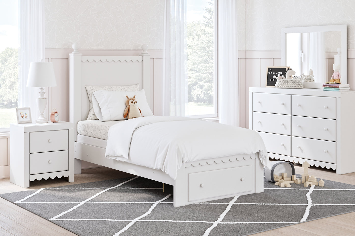 Mollviney  Panel Storage Bed With Mirrored Dresser, Chest And 2 Nightstands