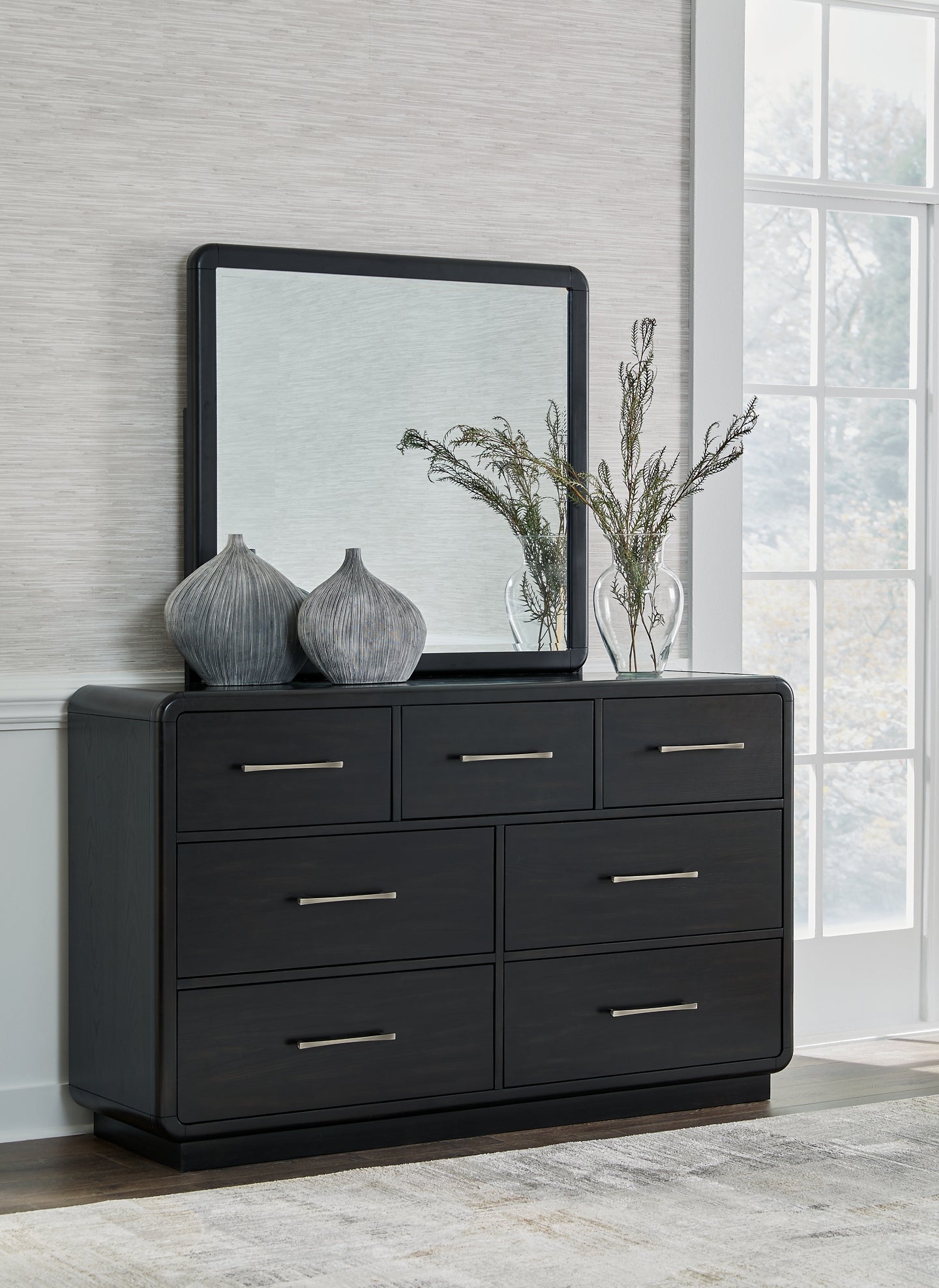 Rowanbeck  Upholstered Panel Bed With Mirrored Dresser And Nightstand