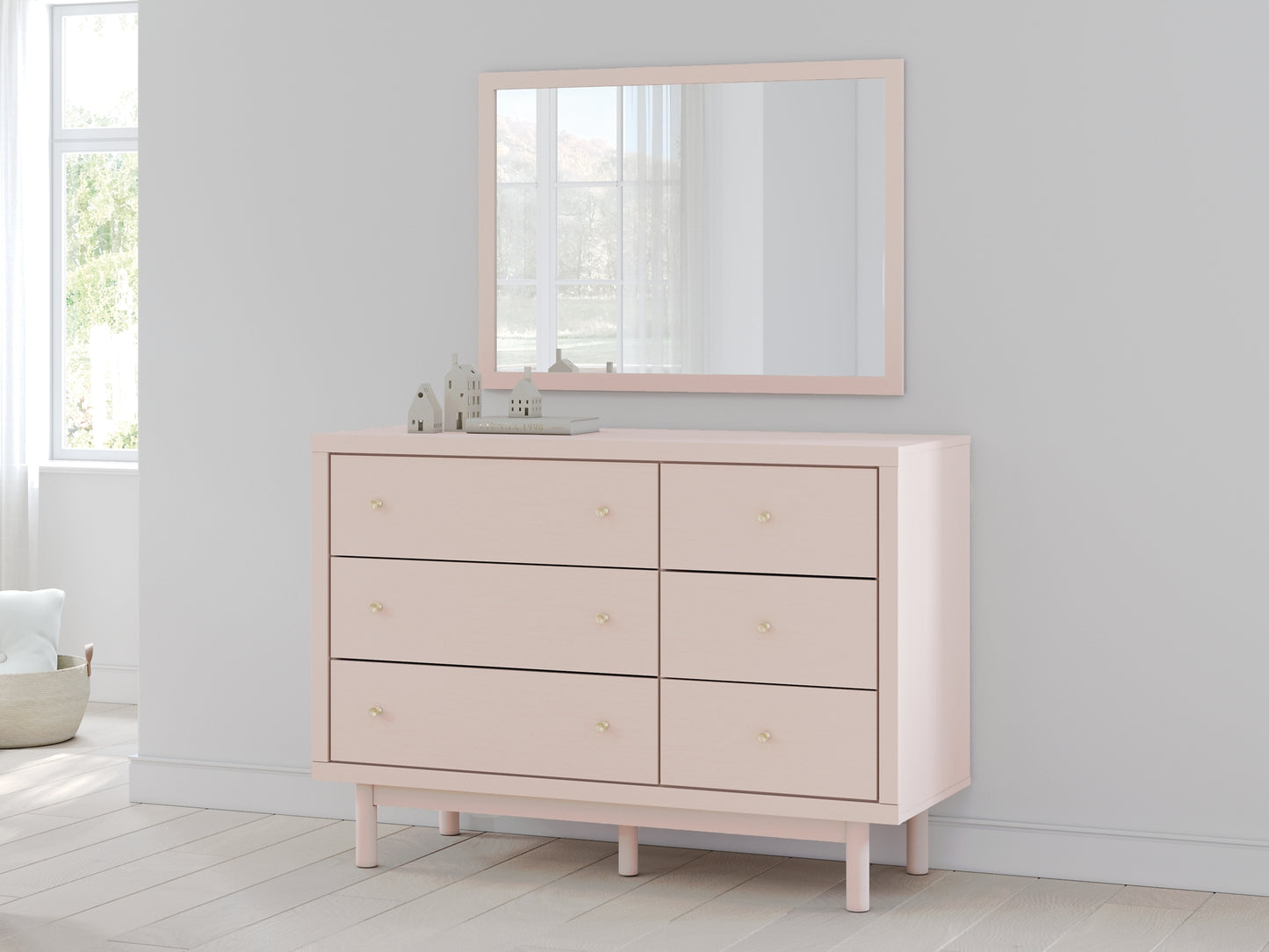 Wistenpine  Upholstered Panel Bed With Mirrored Dresser And Chest