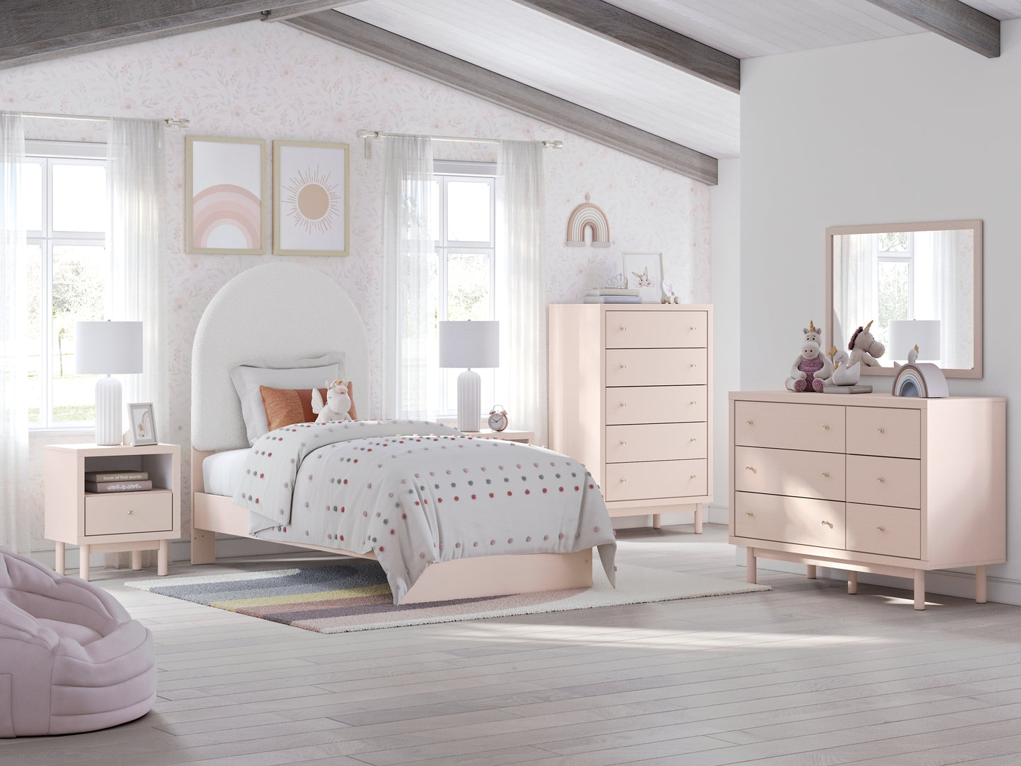 Wistenpine  Upholstered Panel Bed With Mirrored Dresser And Chest