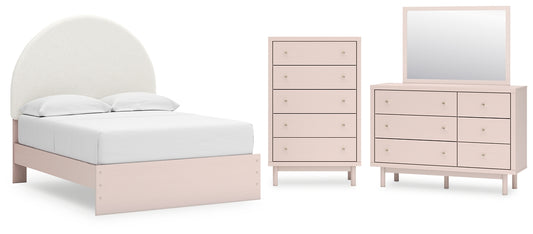 Wistenpine  Upholstered Panel Bed With Mirrored Dresser And Chest