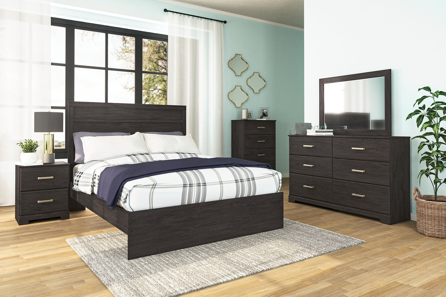 Belachime  Panel Bed With Mirrored Dresser And 2 Nightstands