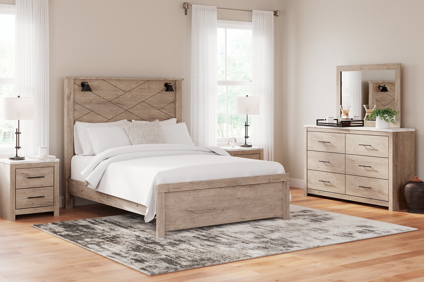 Senniberg  Panel Bed With Mirrored Dresser, Chest And Nightstand