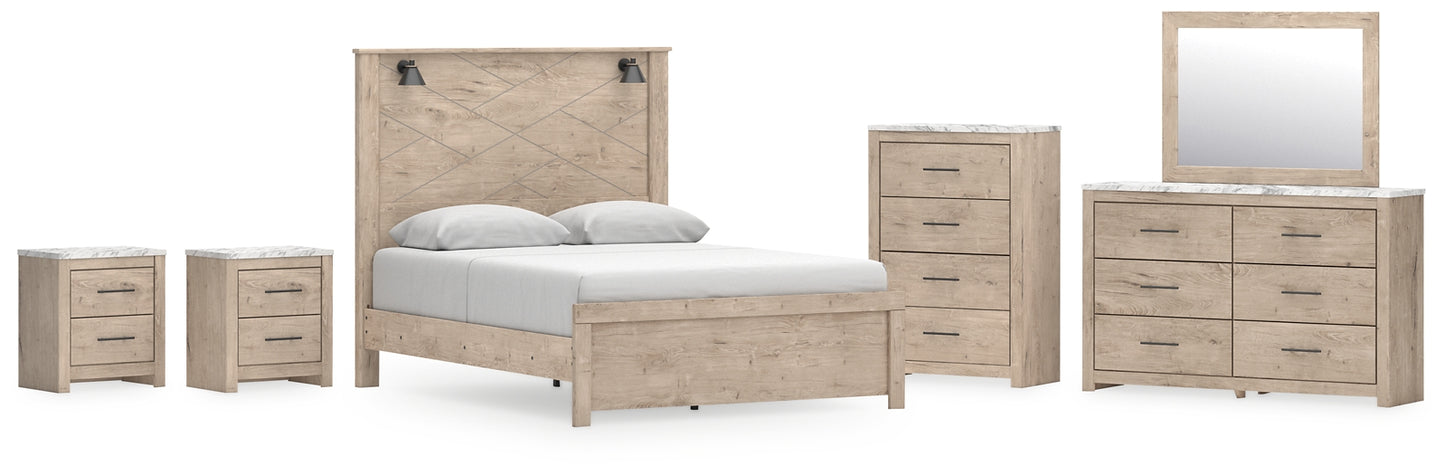 Senniberg  Panel Bed With Mirrored Dresser, Chest And 2 Nightstands