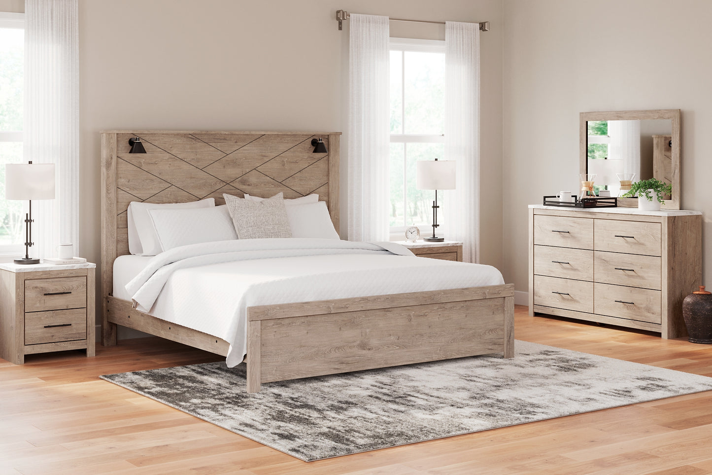 Senniberg  Panel Bed With Mirrored Dresser And 2 Nightstands