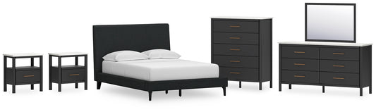 Cadmori  Upholstered Bed With Mirrored Dresser, Chest And 2 Nightstands