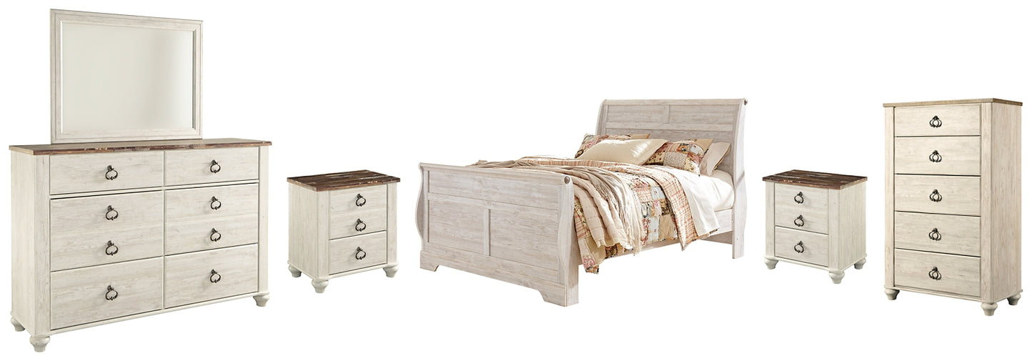 Willowton  Sleigh Bed With Mirrored Dresser, Chest And 2 Nightstands