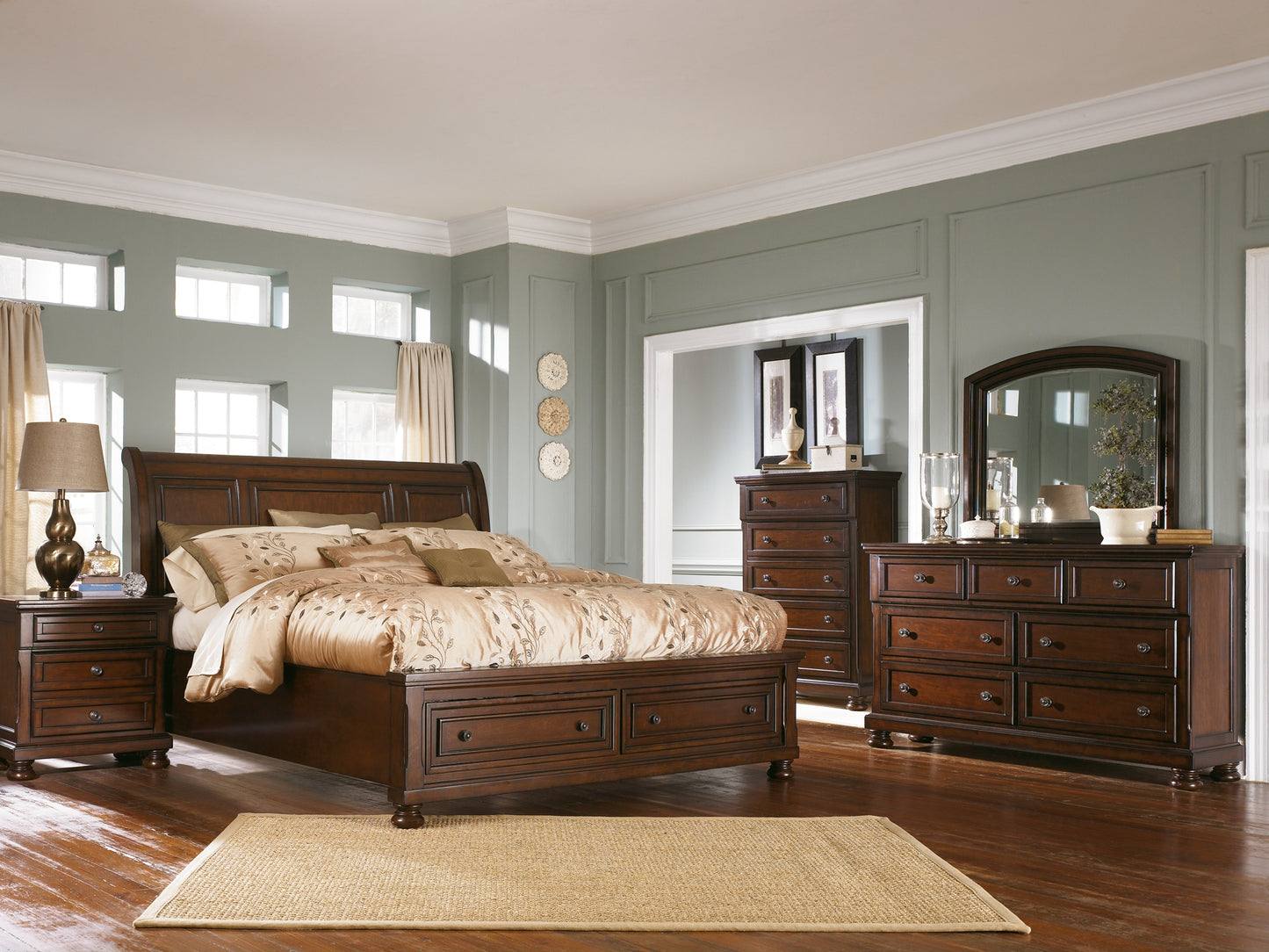 Porter California  Sleigh Bed With Mirrored Dresser And Chest