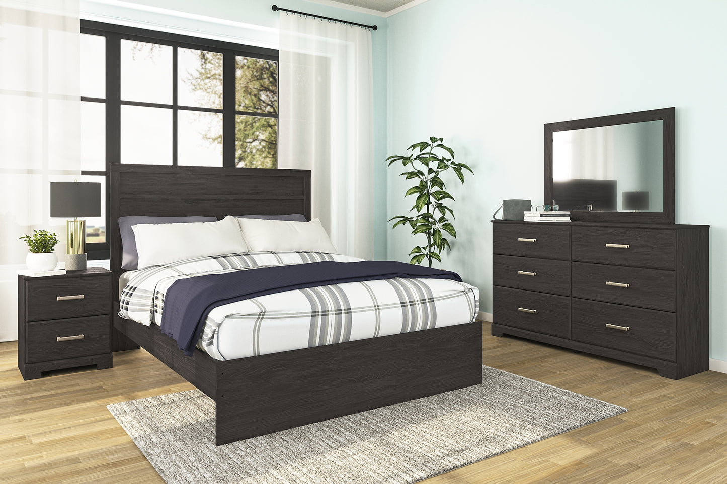 Belachime  Panel Bed With Mirrored Dresser And Nightstand