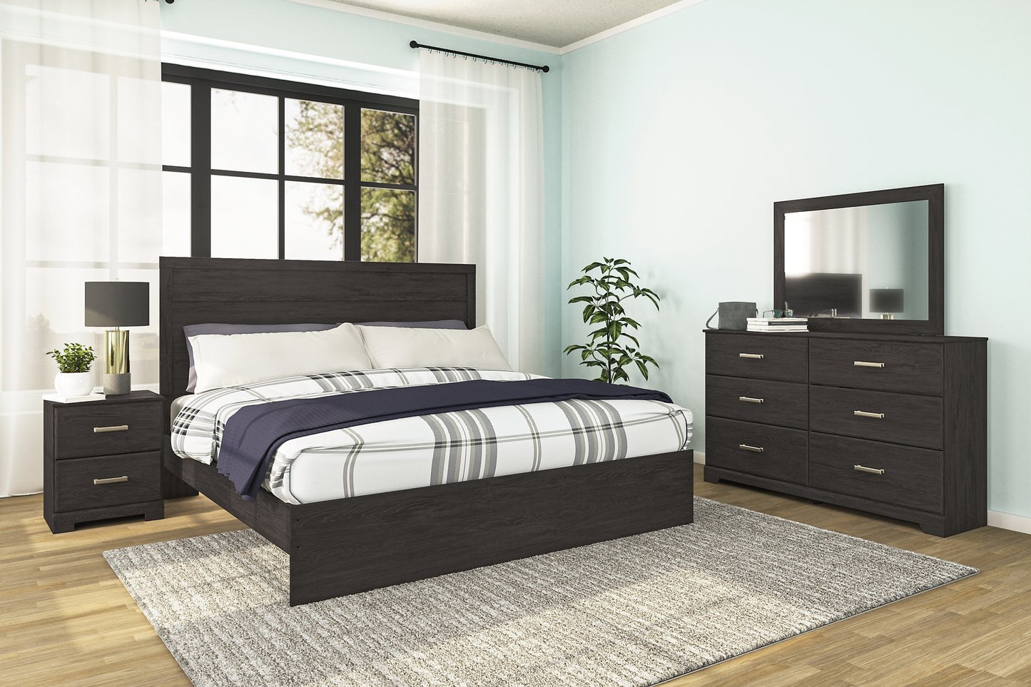 Belachime  Panel Bed With Mirrored Dresser And Nightstand