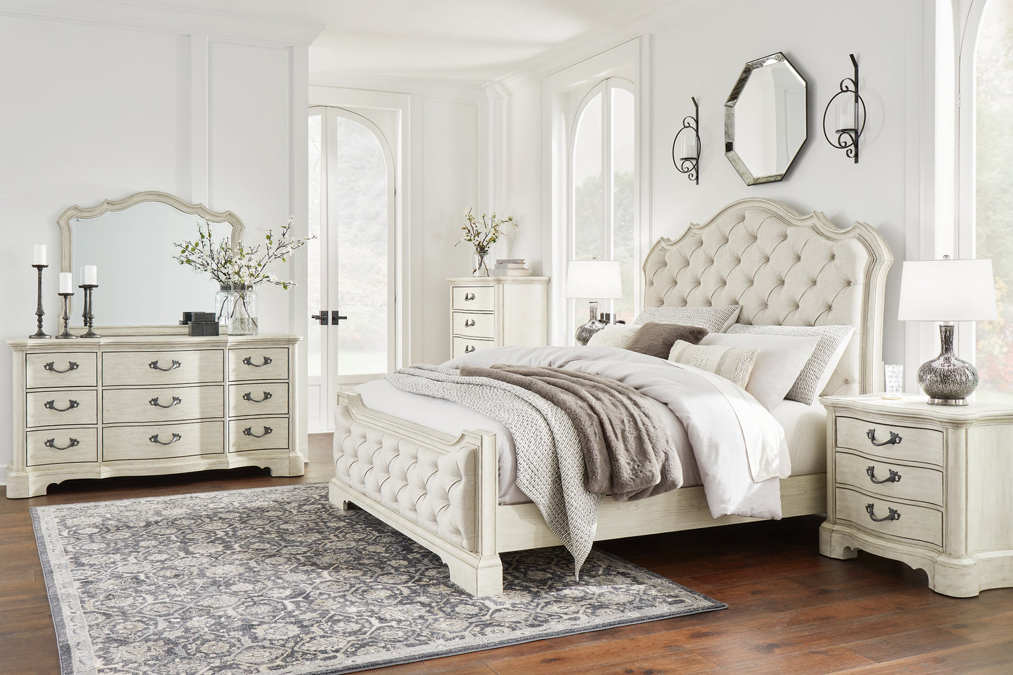 Arlendyne  Upholstered Bed With Mirrored Dresser, Chest And 2 Nightstands