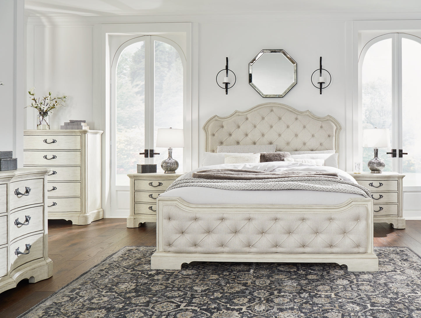 Arlendyne  Upholstered Bed With Mirrored Dresser, Chest And 2 Nightstands