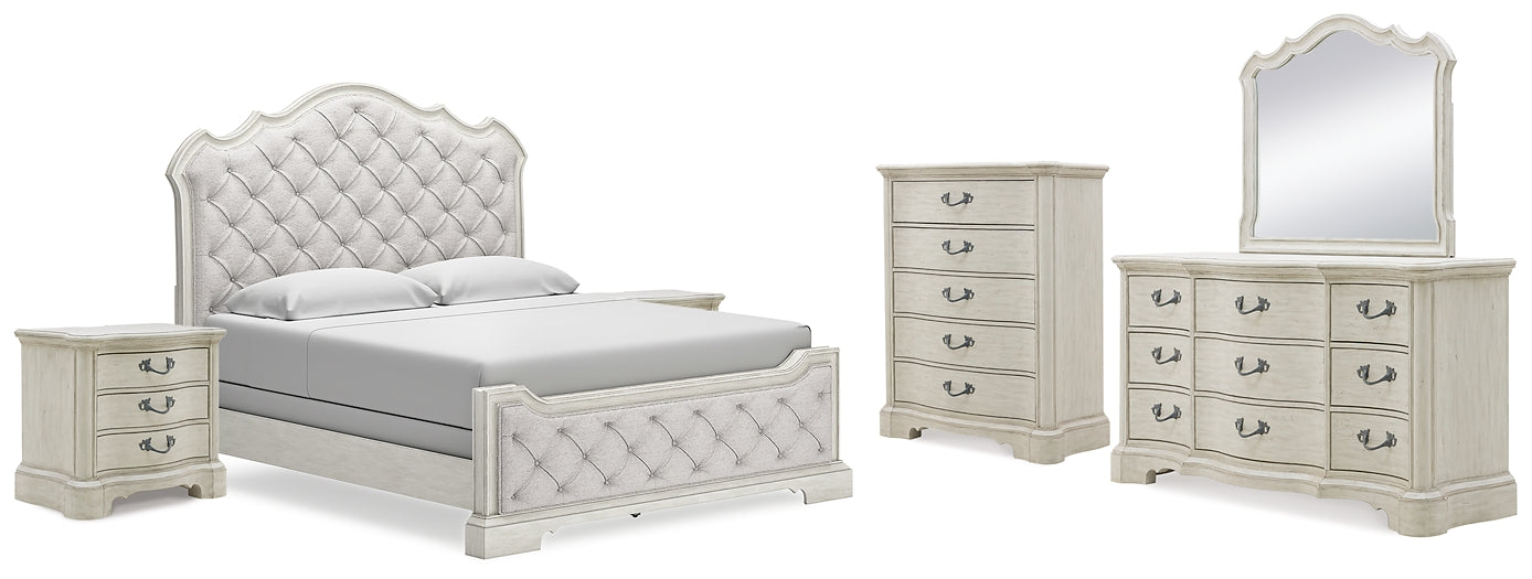 Arlendyne  Upholstered Bed With Mirrored Dresser, Chest And 2 Nightstands