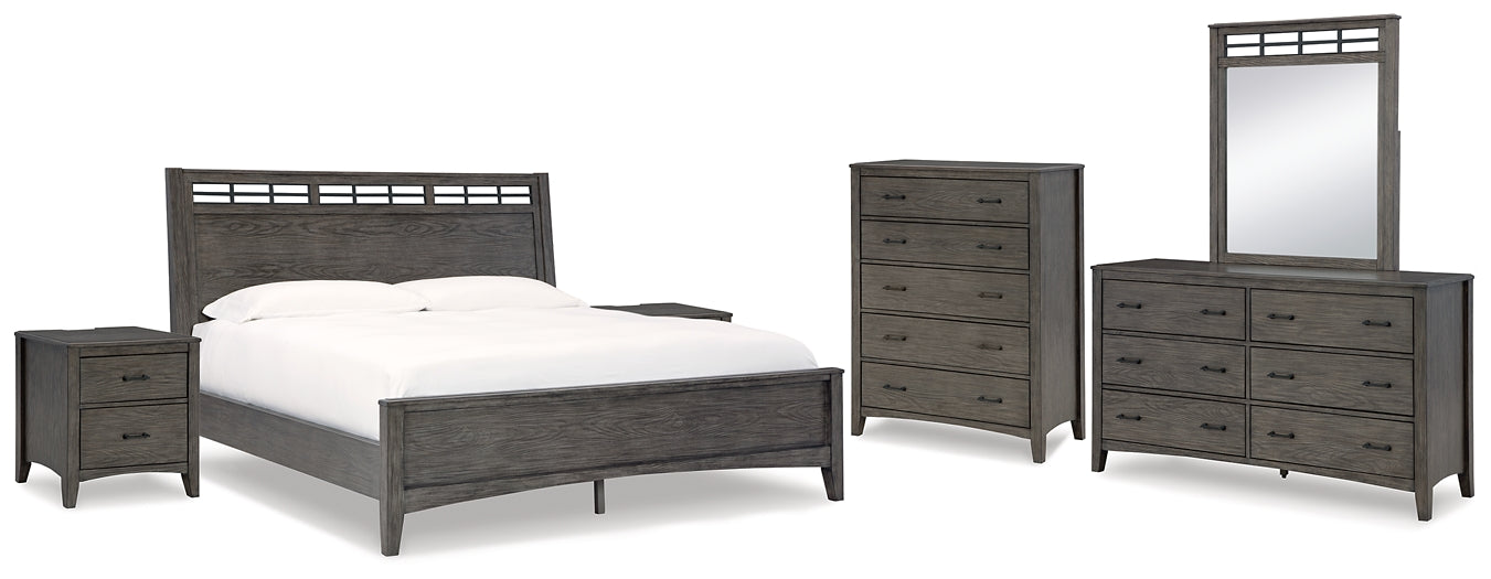 Montillan California  Panel Bed With Mirrored Dresser, Chest And 2 Nightstands