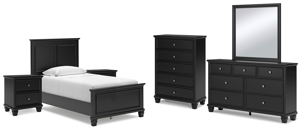 Lanolee  Panel Bed With Mirrored Dresser, Chest And 2 Nightstands