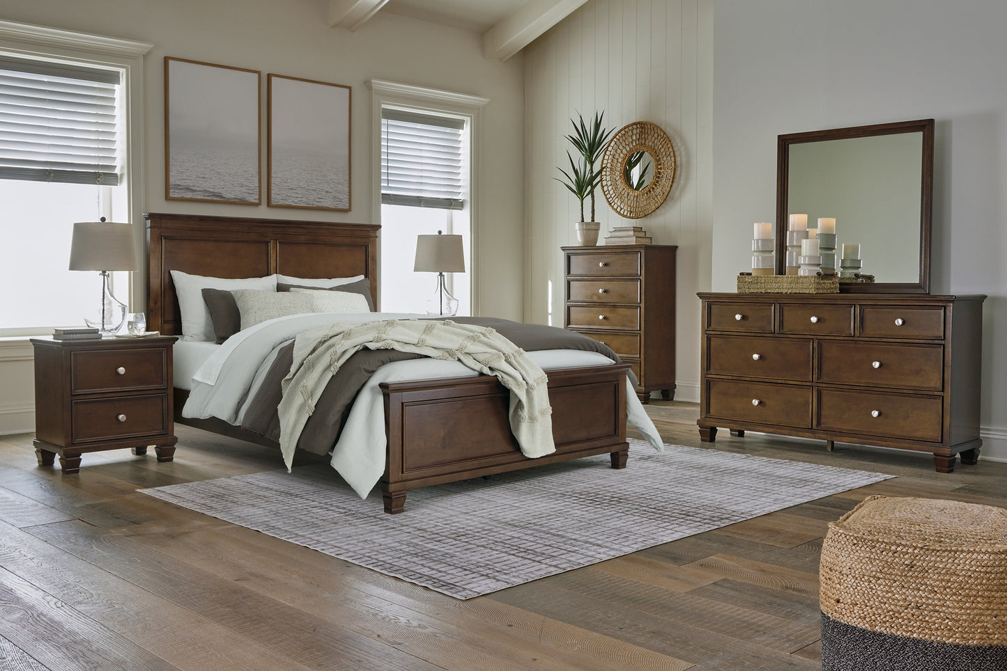 Danabrin  Panel Bed With Mirrored Dresser And Nightstand