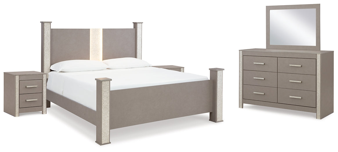 Surancha  Poster Bed With Mirrored Dresser And 2 Nightstands