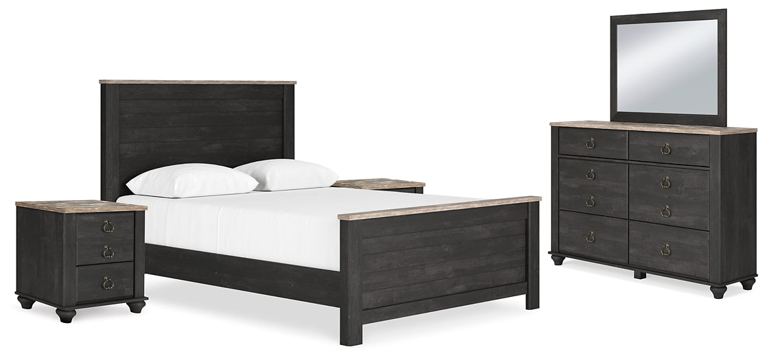 Nanforth  Panel Bed With Mirrored Dresser And 2 Nightstands