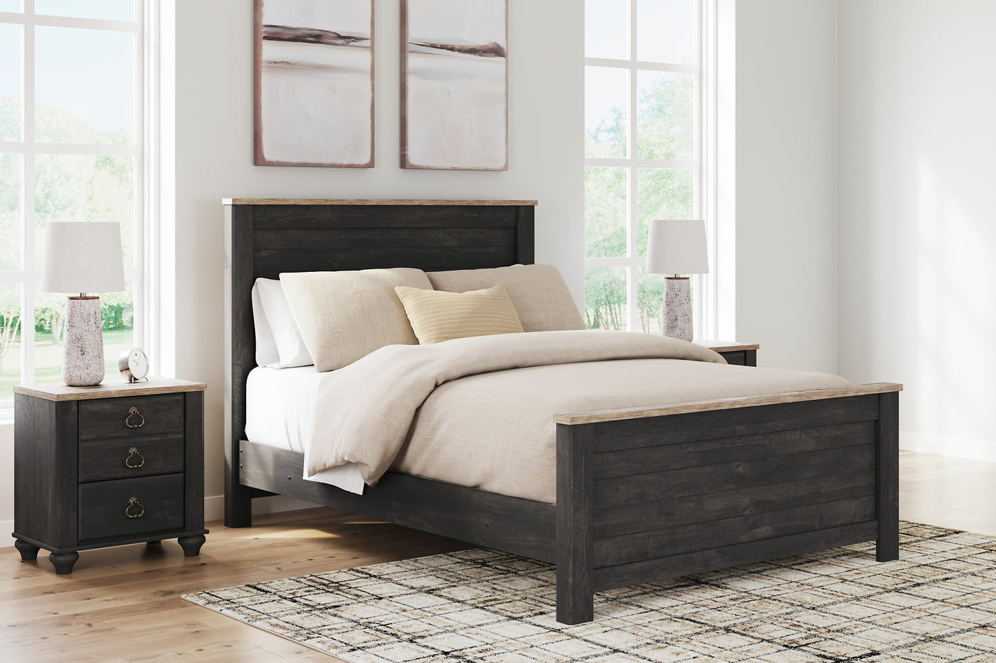 Nanforth  Panel Bed With Mirrored Dresser And 2 Nightstands